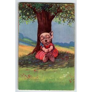 Bonzo Dressed Puppy Dog Under Tree Postcard Fantasy Anthropomorphic 1932 Vintage